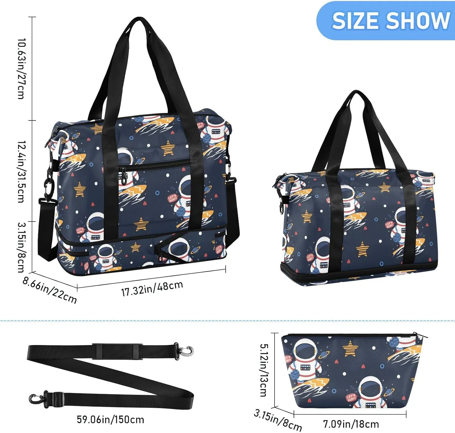 Astronaut Surfing Cartoon Waterproof Weekend Travel Bag with Toiletry Bag Duffel Bags for Women