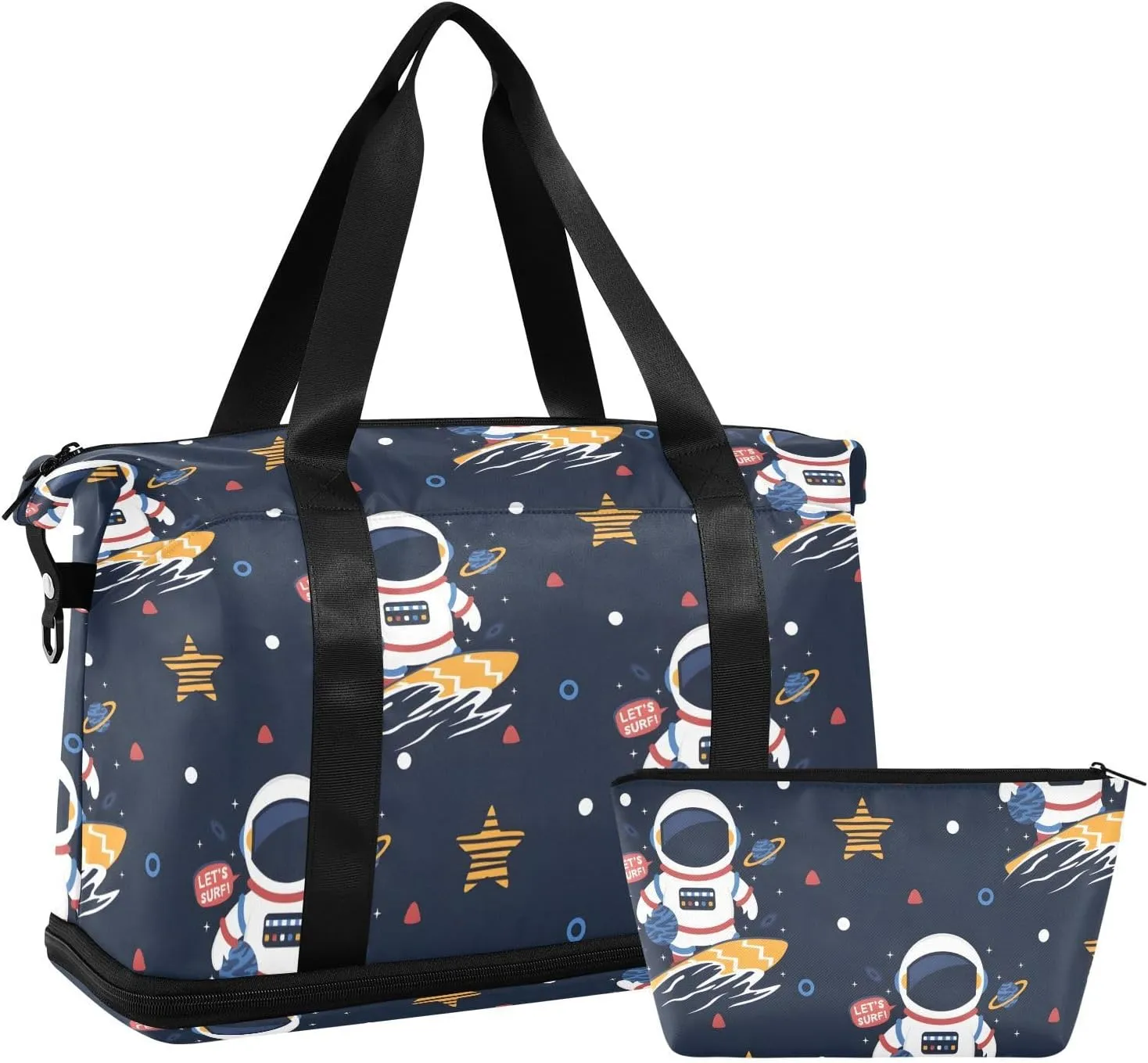 Astronaut Surfing Cartoon Waterproof Weekend Travel Bag with Toiletry Bag Duffel Bags for Women