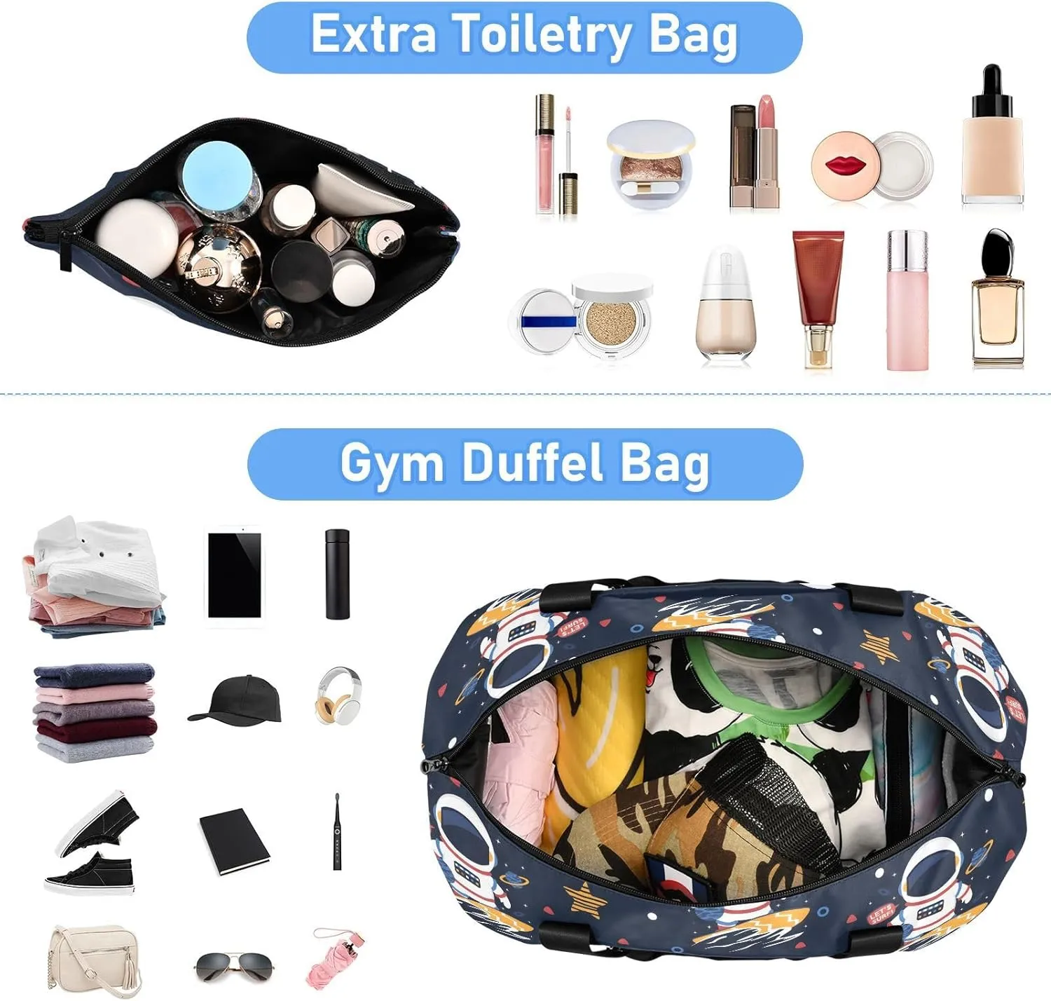 Astronaut Surfing Cartoon Waterproof Weekend Travel Bag with Toiletry Bag Duffel Bags for Women