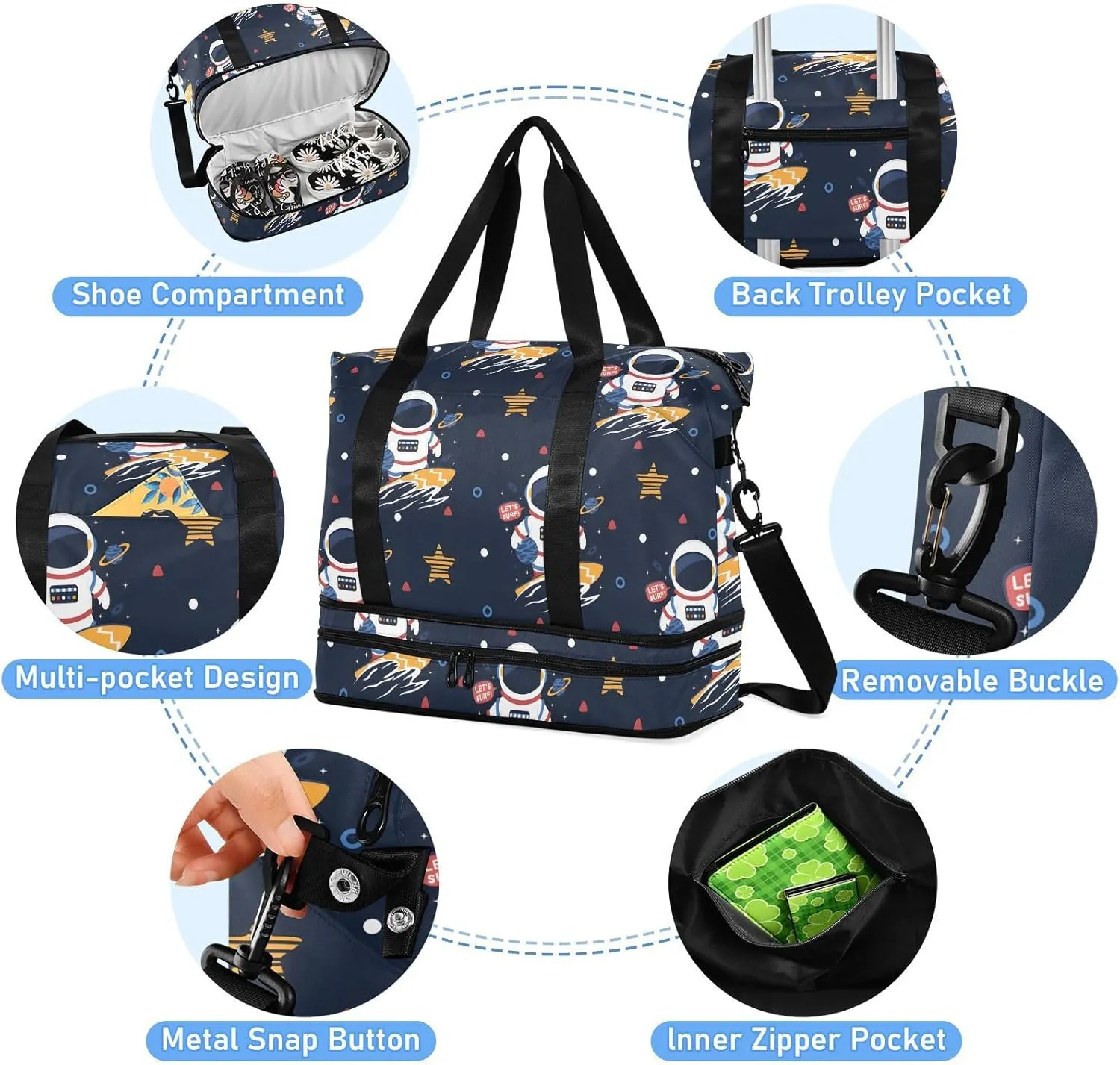 Astronaut Surfing Cartoon Waterproof Weekend Travel Bag with Toiletry Bag Duffel Bags for Women