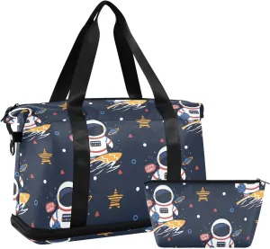 Astronaut Surfing Cartoon Waterproof Weekend Travel Bag with Toiletry Bag Duffel Bags for Women