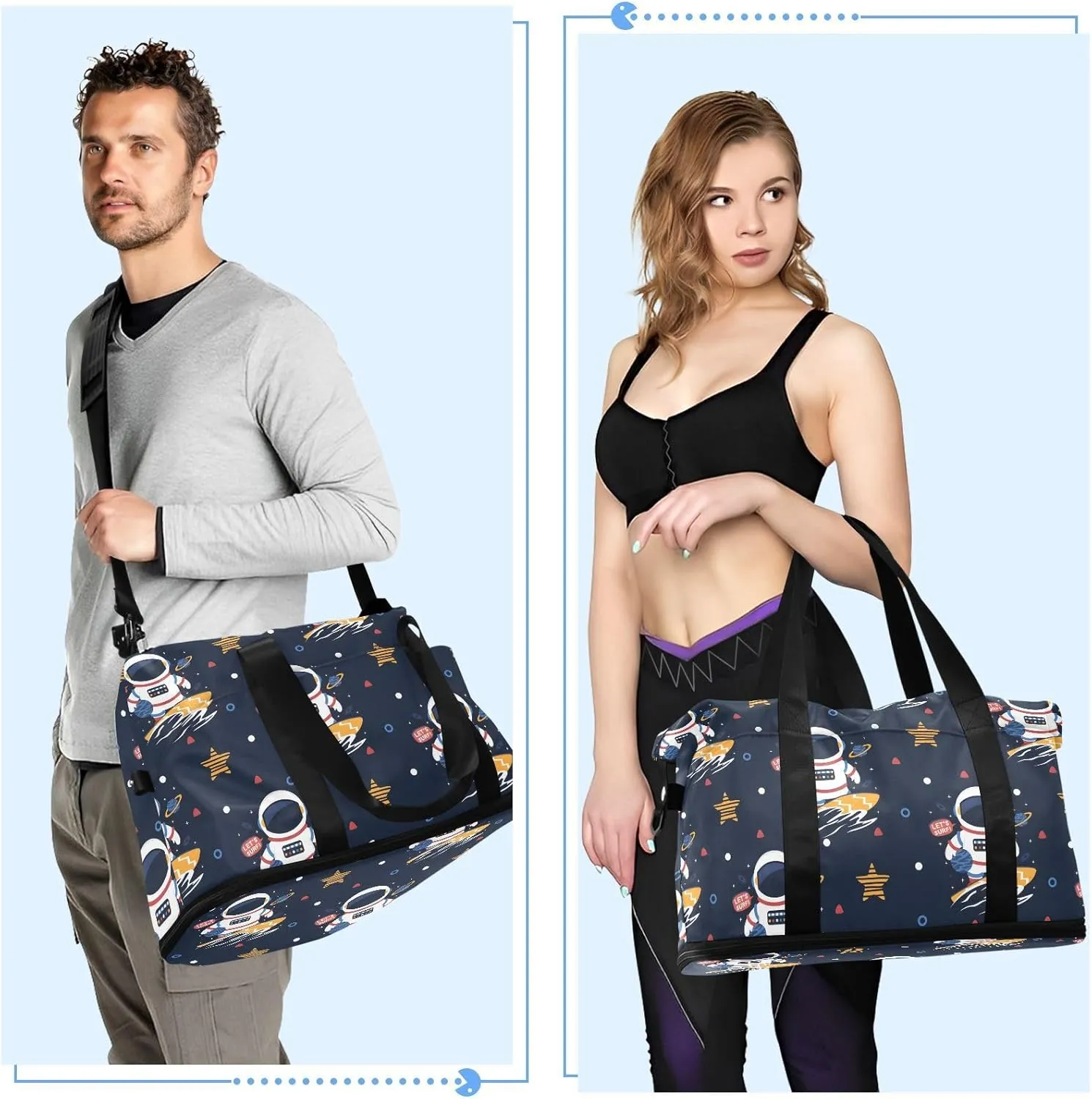 Astronaut Surfing Cartoon Waterproof Weekend Travel Bag with Toiletry Bag Duffel Bags for Women
