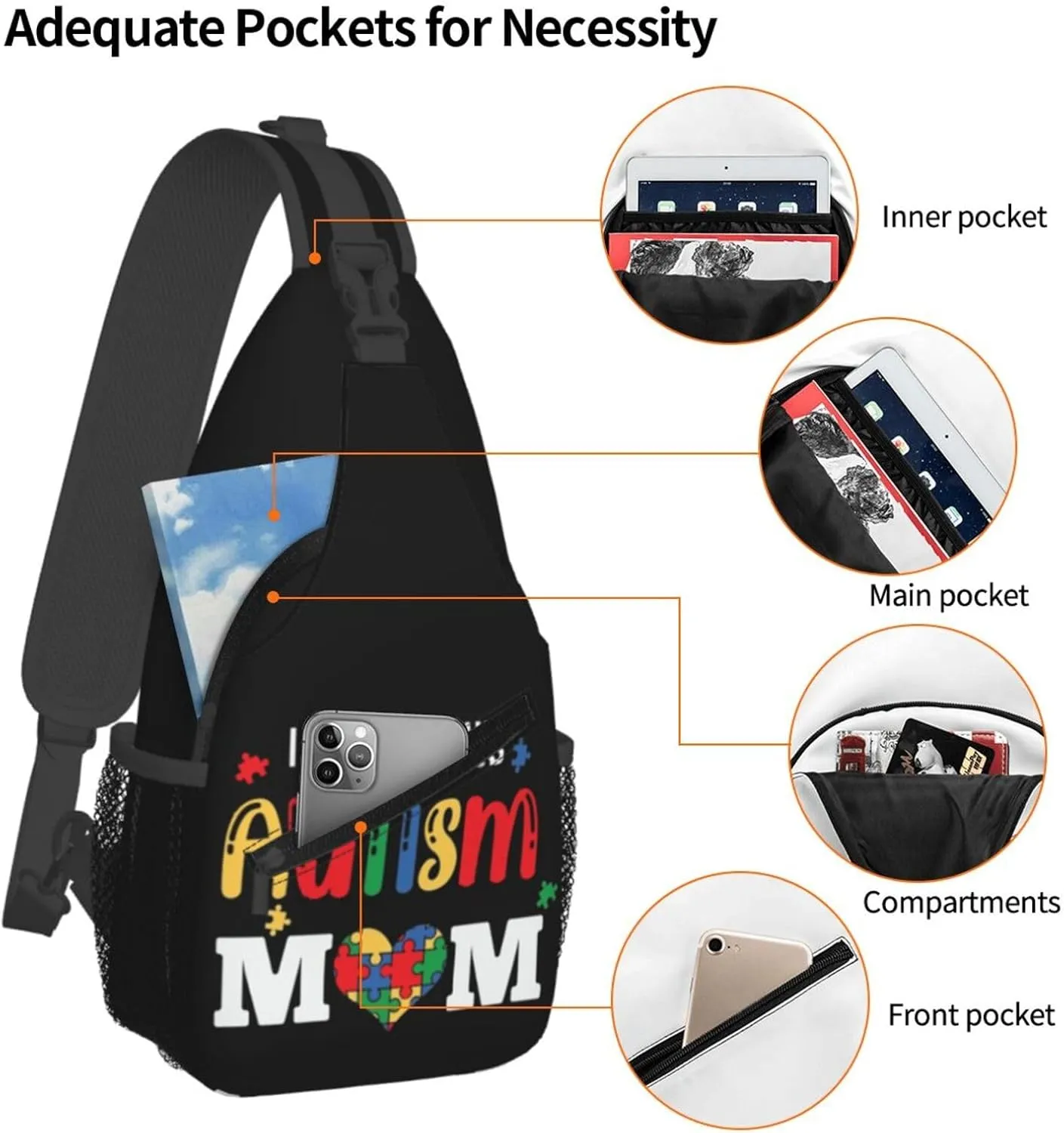 Autism Awareness Mom Crossbody Bag Adjustable Sling Bag Casual Chest Bags Travel Shoulder Backpack