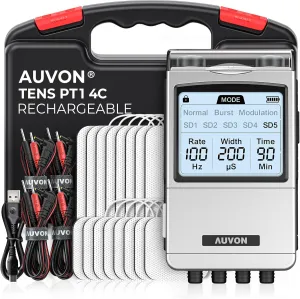 AUVON Rechargeable 4-Channel TENS Unit Muscle Stimulator for Back Pain Relief, Digital TENS Machine with 8 Customizable Modes, Electronic Pulse Massager Easy to Use, 16 Premium TENS Pads, A Carry Case