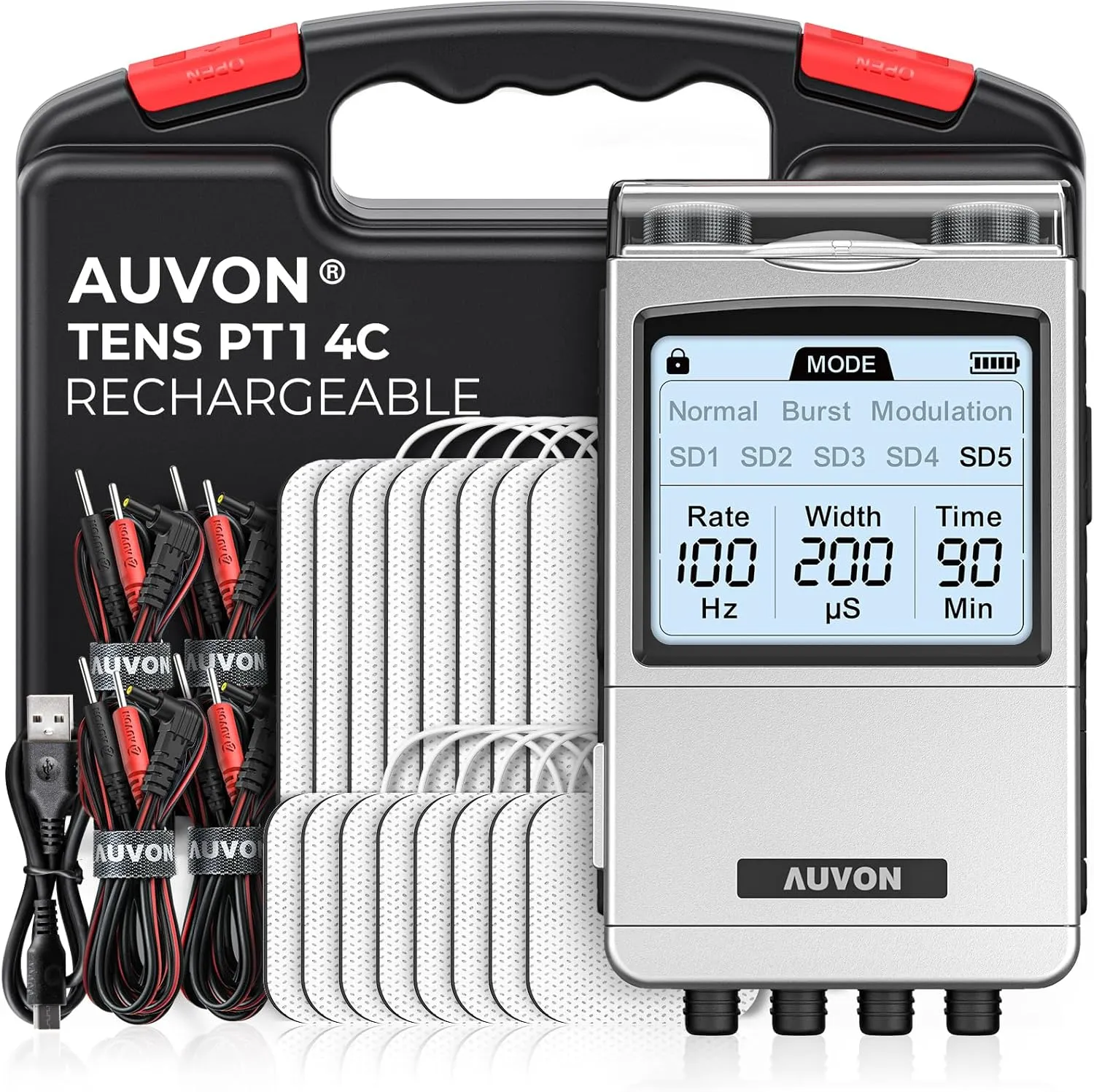 AUVON Rechargeable 4-Channel TENS Unit Muscle Stimulator for Back Pain Relief, Digital TENS Machine with 8 Customizable Modes, Electronic Pulse Massager Easy to Use, 16 Premium TENS Pads, A Carry Case