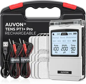 AUVON Rechargeable TENS Unit Muscle Stimulator, FSA HSA Eligible, Digital TENS Machine with 8 Customizable Modes, Electronic Massager for Sciatica, Shoulder & Back Pain Relief, 12 Pads, A Carry Case