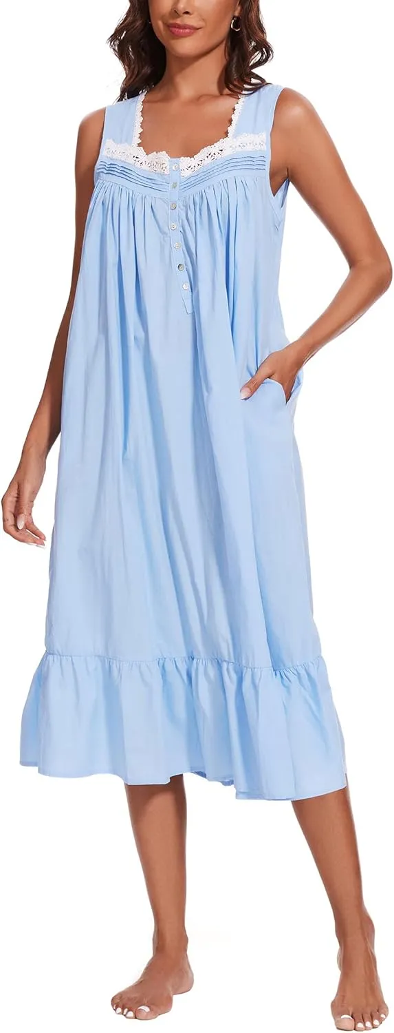 AVIIER 100% Cotton Nightgowns for Women Sleeveless Sleep Dress Ladies Gowns Sleepwear with Pockets