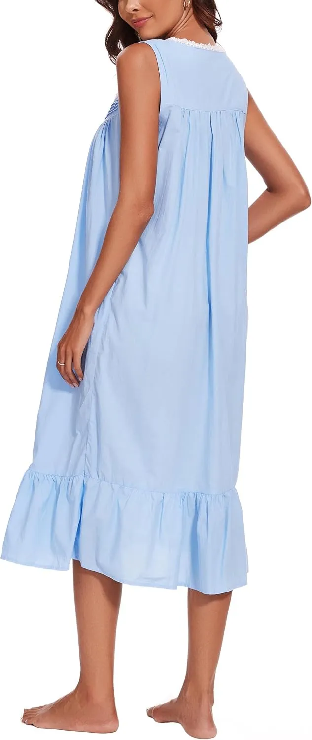 AVIIER 100% Cotton Nightgowns for Women Sleeveless Sleep Dress Ladies Gowns Sleepwear with Pockets