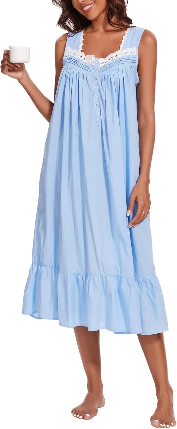 AVIIER 100% Cotton Nightgowns for Women Sleeveless Sleep Dress Ladies Gowns Sleepwear with Pockets