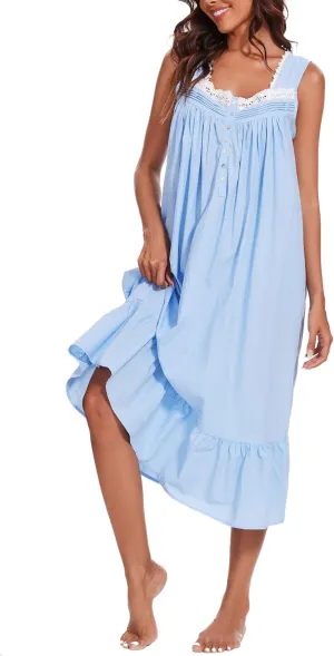 AVIIER 100% Cotton Nightgowns for Women Sleeveless Sleep Dress Ladies Gowns Sleepwear with Pockets