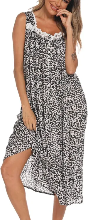 AVIIER Cotton Nightgowns for Women Sleeveless House Dress Ladies Long Nightdress with Pockets S-XXL