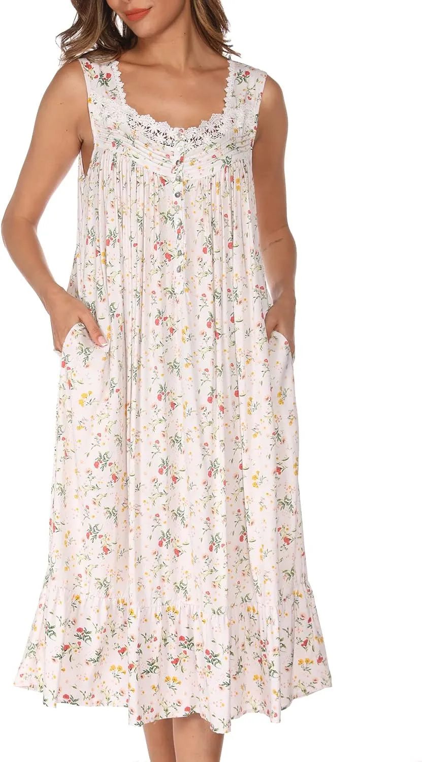 AVIIER Cotton Nightgowns for Women Sleeveless House Dress Ladies Long Nightdress with Pockets S-XXL