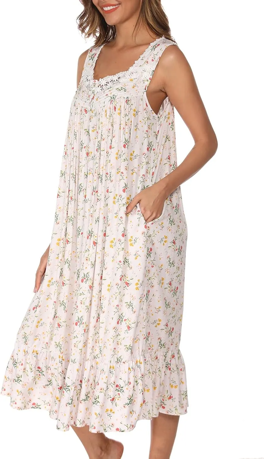 AVIIER Cotton Nightgowns for Women Sleeveless House Dress Ladies Long Nightdress with Pockets S-XXL