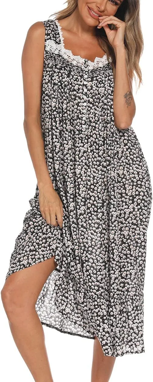 AVIIER Cotton Nightgowns for Women Sleeveless House Dress Ladies Long Nightdress with Pockets S-XXL