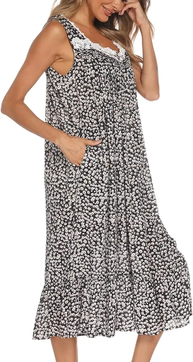 AVIIER Cotton Nightgowns for Women Sleeveless House Dress Ladies Long Nightdress with Pockets S-XXL