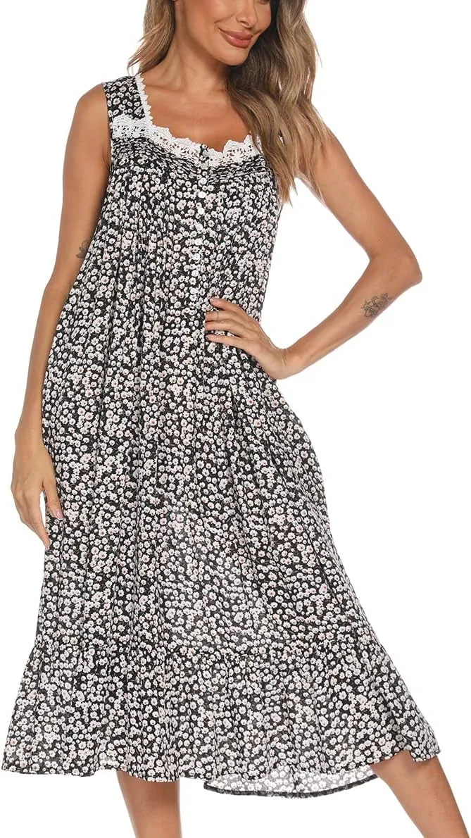 AVIIER Cotton Nightgowns for Women Sleeveless House Dress Ladies Long Nightdress with Pockets S-XXL