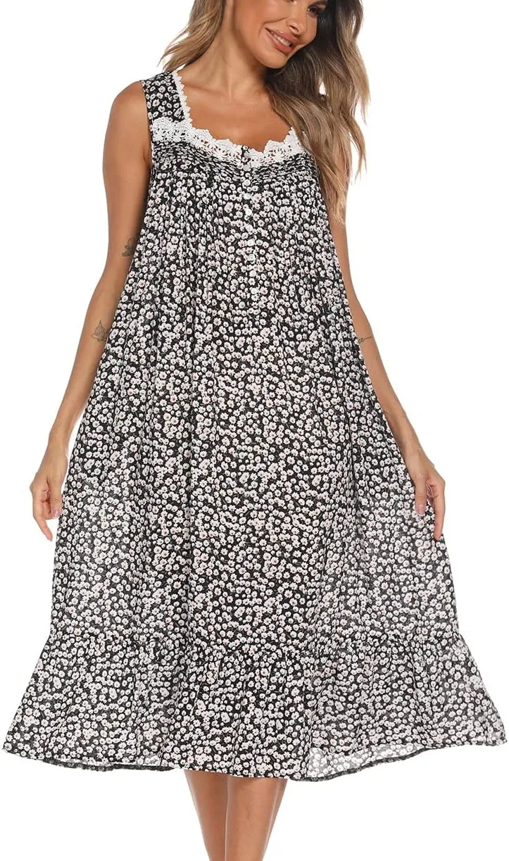 AVIIER Cotton Nightgowns for Women Sleeveless House Dress Ladies Long Nightdress with Pockets S-XXL