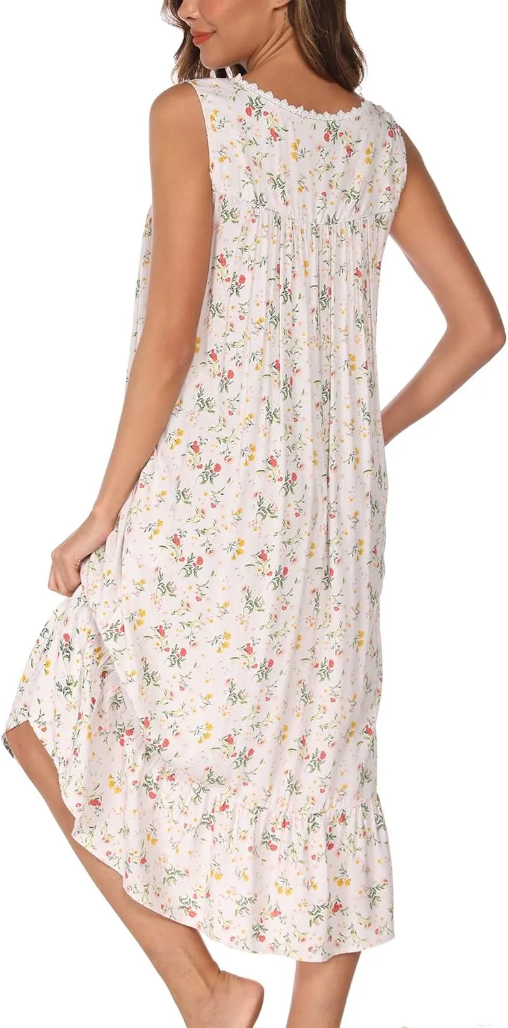 AVIIER Cotton Nightgowns for Women Sleeveless House Dress Ladies Long Nightdress with Pockets S-XXL