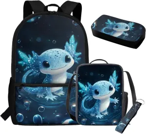 Axolotl Backpack for Boys Blue 17 Inch Bookbag Set for School Kids Book Bags Lightweight Kindergarten Elementary School Bag and Lunch Bag Set 4 Piece