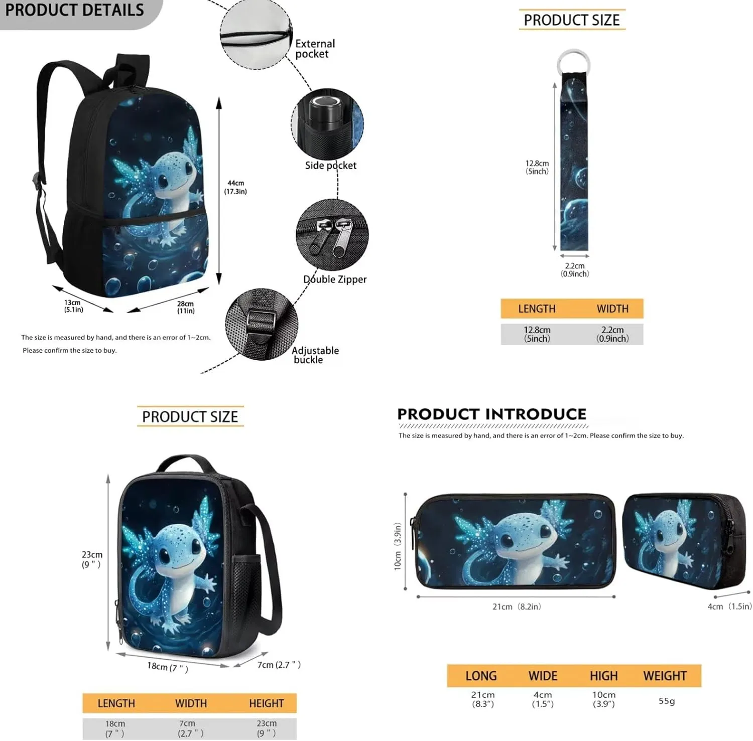 Axolotl Backpack for Boys Blue 17 Inch Bookbag Set for School Kids Book Bags Lightweight Kindergarten Elementary School Bag and Lunch Bag Set 4 Piece