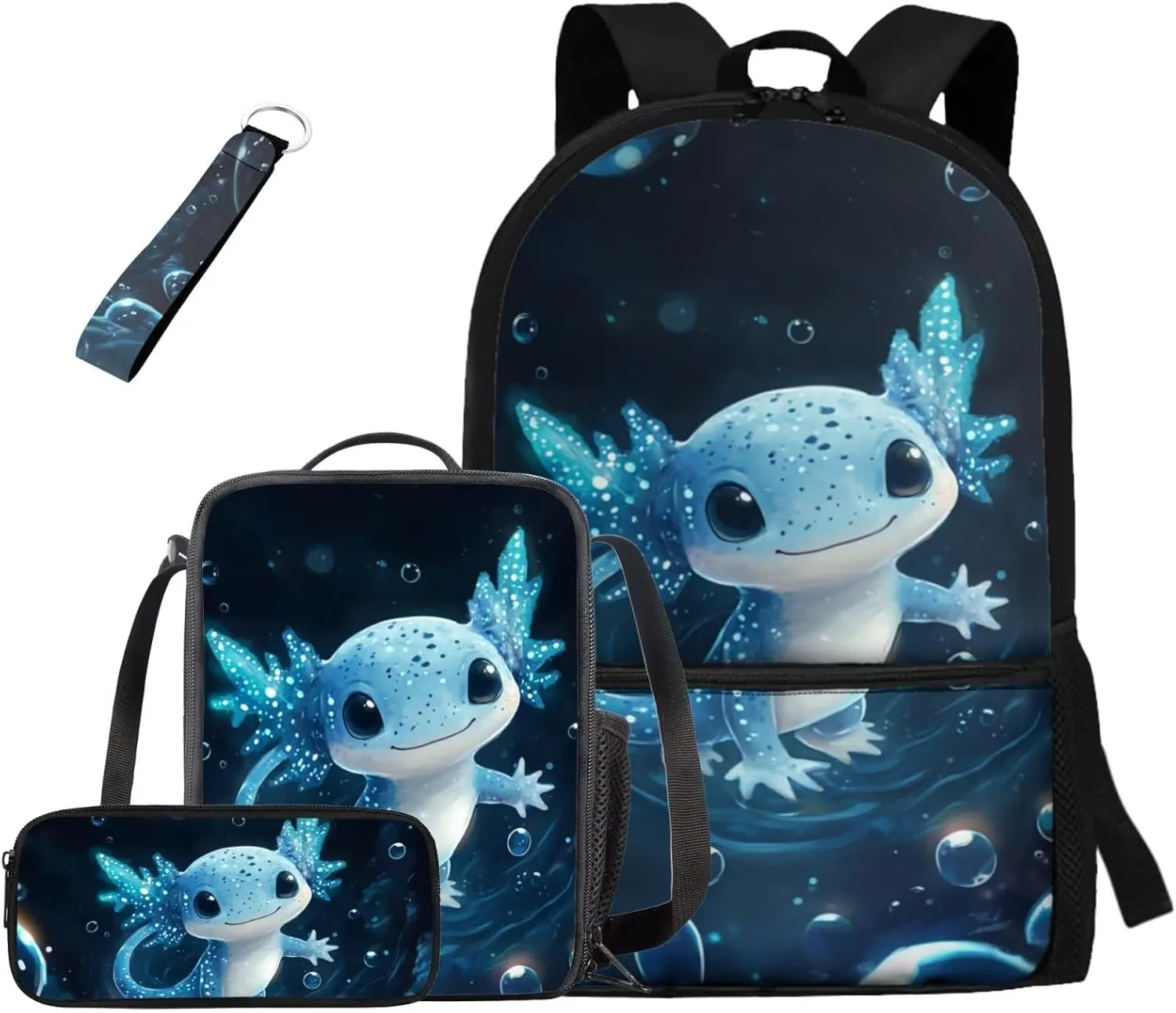Axolotl Backpack for Boys Blue 17 Inch Bookbag Set for School Kids Book Bags Lightweight Kindergarten Elementary School Bag and Lunch Bag Set 4 Piece