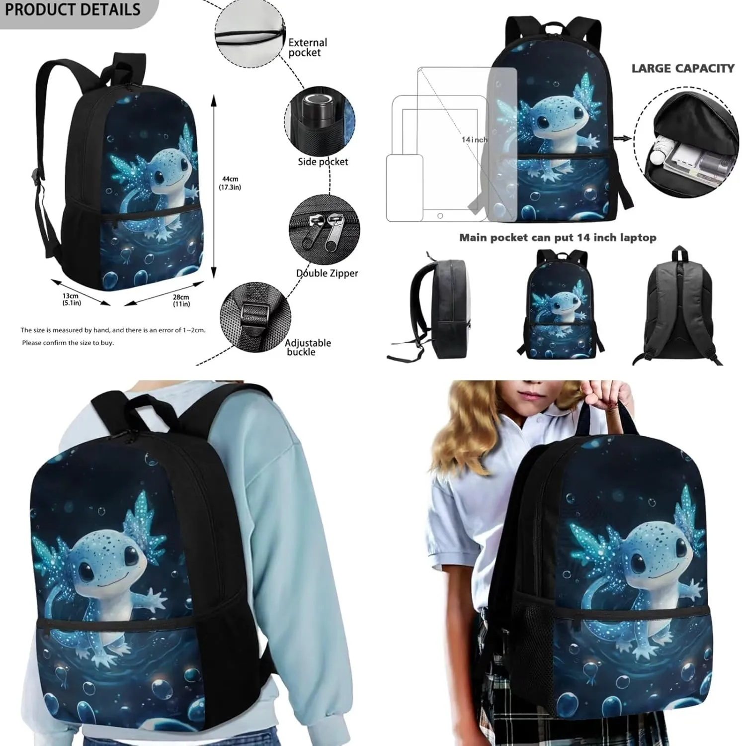 Axolotl Backpack for Boys Blue 17 Inch Bookbag Set for School Kids Book Bags Lightweight Kindergarten Elementary School Bag and Lunch Bag Set 4 Piece