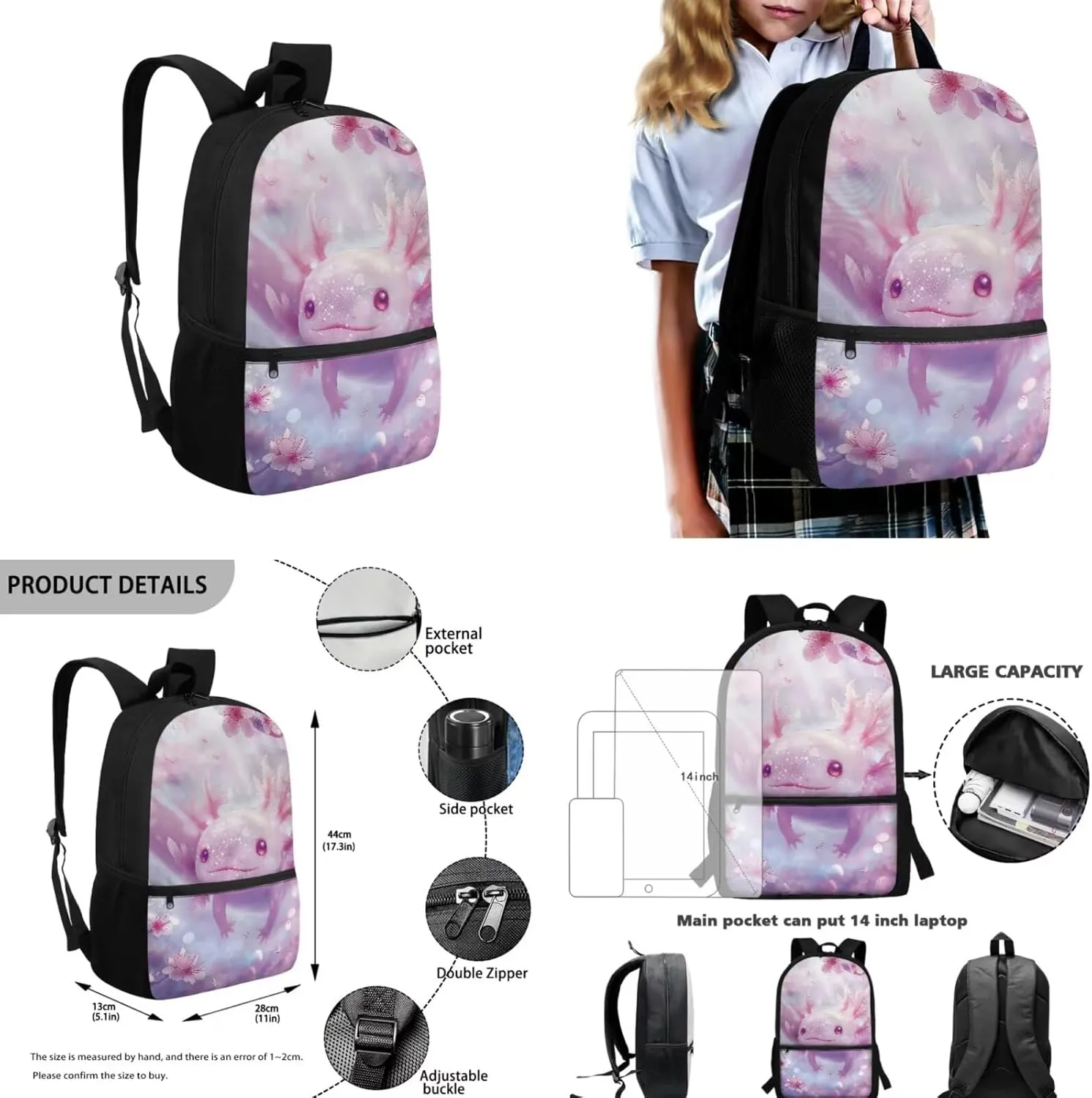 Axolotl Backpack for Girls 8-10 Toddler Girl School Backpack with Lunch Bag Pencil Case Bottle Sleeve Kids Backpack Set for Kindergarten Elementary Middle School Student