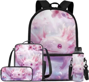 Axolotl Backpack for Girls 8-10 Toddler Girl School Backpack with Lunch Bag Pencil Case Bottle Sleeve Kids Backpack Set for Kindergarten Elementary Middle School Student