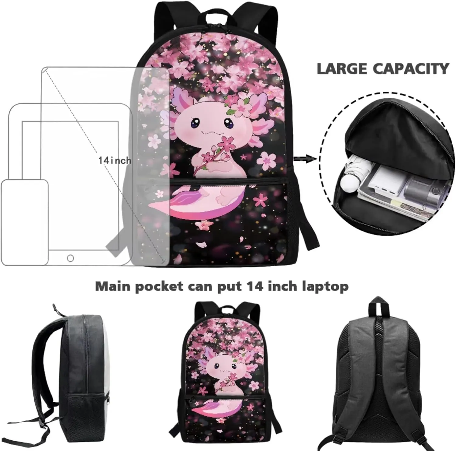 Axolotl Backpack for Girls School Bag with Lunch Bag Pencil Case Water Bottle Holder Large Capacity Boys School Bookbag Lightweight Daypack for Travel Picnic Rucksack Knapsack Set 4 in 1