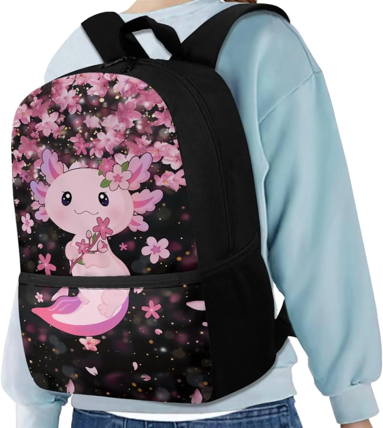 Axolotl Backpack for Girls School Bag with Lunch Bag Pencil Case Water Bottle Holder Large Capacity Boys School Bookbag Lightweight Daypack for Travel Picnic Rucksack Knapsack Set 4 in 1