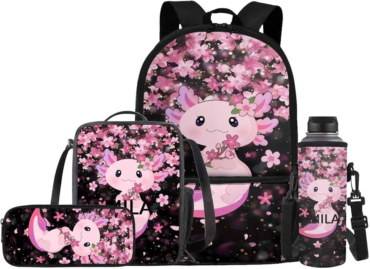 Axolotl Backpack for Girls School Bag with Lunch Bag Pencil Case Water Bottle Holder Large Capacity Boys School Bookbag Lightweight Daypack for Travel Picnic Rucksack Knapsack Set 4 in 1