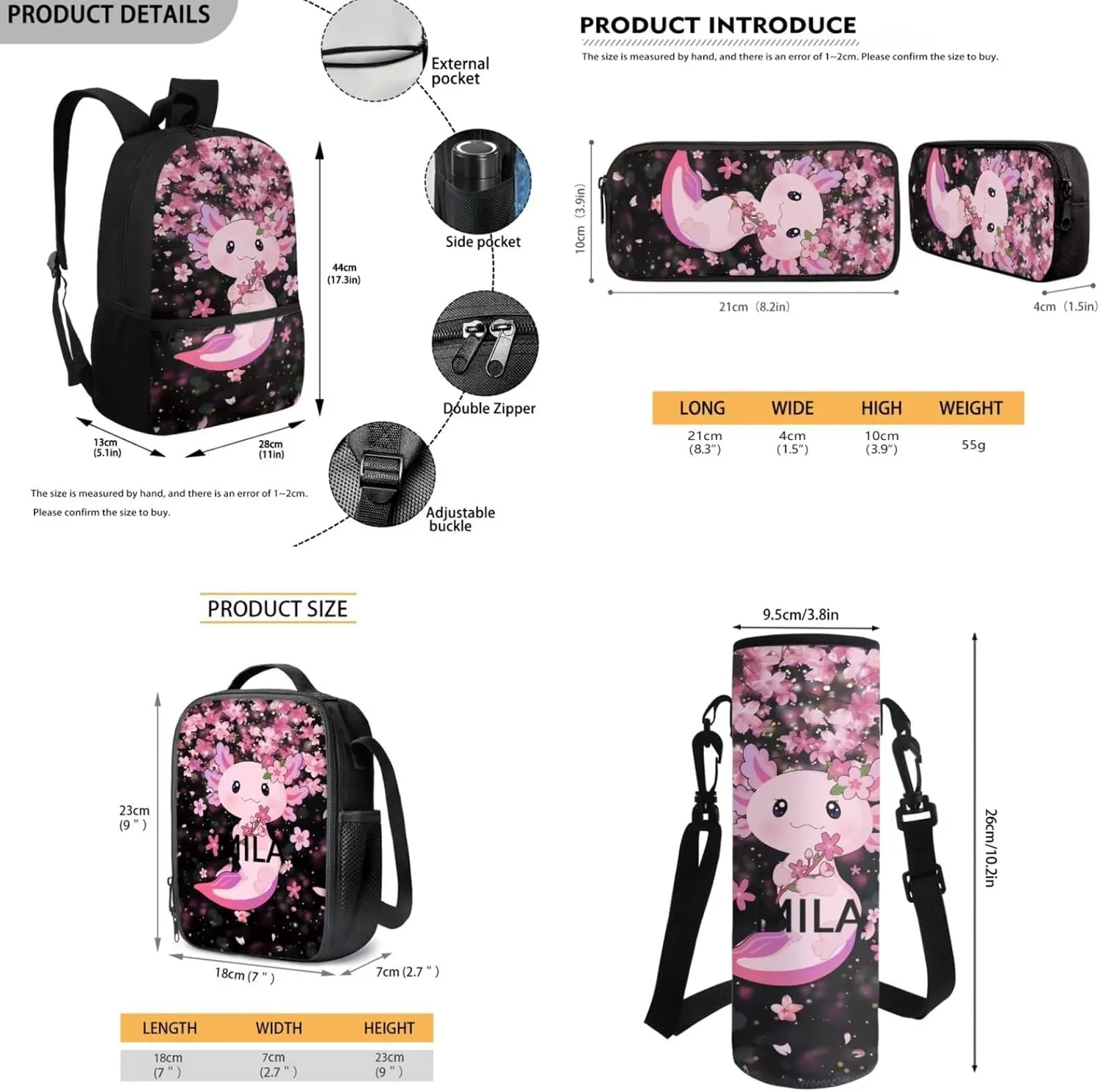 Axolotl Backpack for Girls School Bag with Lunch Bag Pencil Case Water Bottle Holder Large Capacity Boys School Bookbag Lightweight Daypack for Travel Picnic Rucksack Knapsack Set 4 in 1