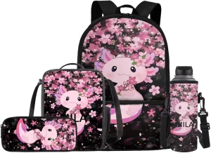 Axolotl Backpack for Girls School Bag with Lunch Bag Pencil Case Water Bottle Holder Large Capacity Boys School Bookbag Lightweight Daypack for Travel Picnic Rucksack Knapsack Set 4 in 1