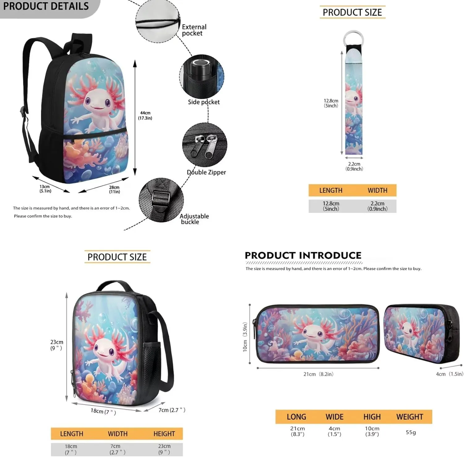 Axolotl Backpack with Lunchbox Pink Blue Cute Elementary School Bag Set Lightweight 17 Inch Bookbag and Lunch Box Set 4 PCS Travel Rucksack