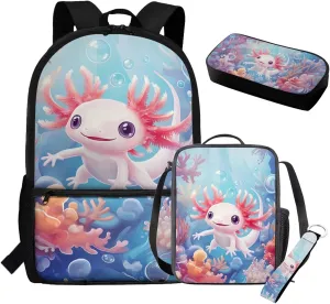 Axolotl Backpack with Lunchbox Pink Blue Cute Elementary School Bag Set Lightweight 17 Inch Bookbag and Lunch Box Set 4 PCS Travel Rucksack