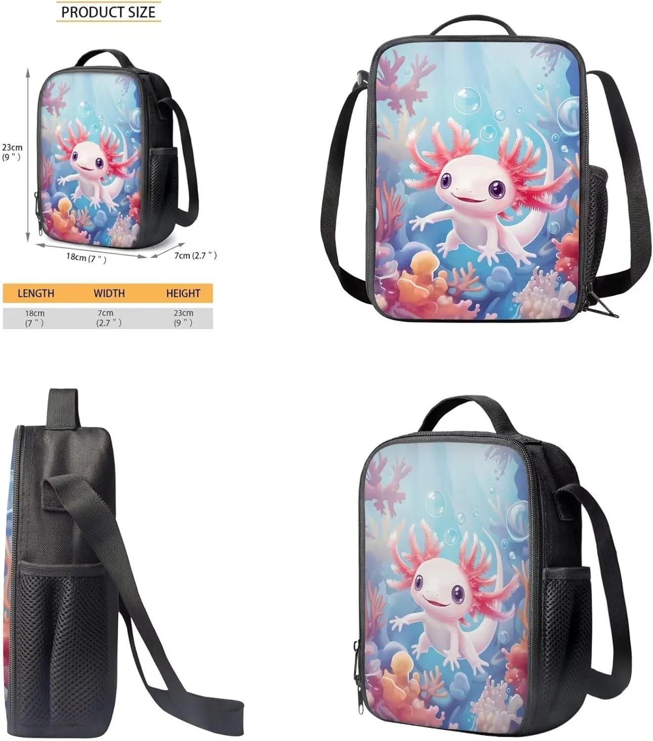 Axolotl Backpack with Lunchbox Pink Blue Cute Elementary School Bag Set Lightweight 17 Inch Bookbag and Lunch Box Set 4 PCS Travel Rucksack