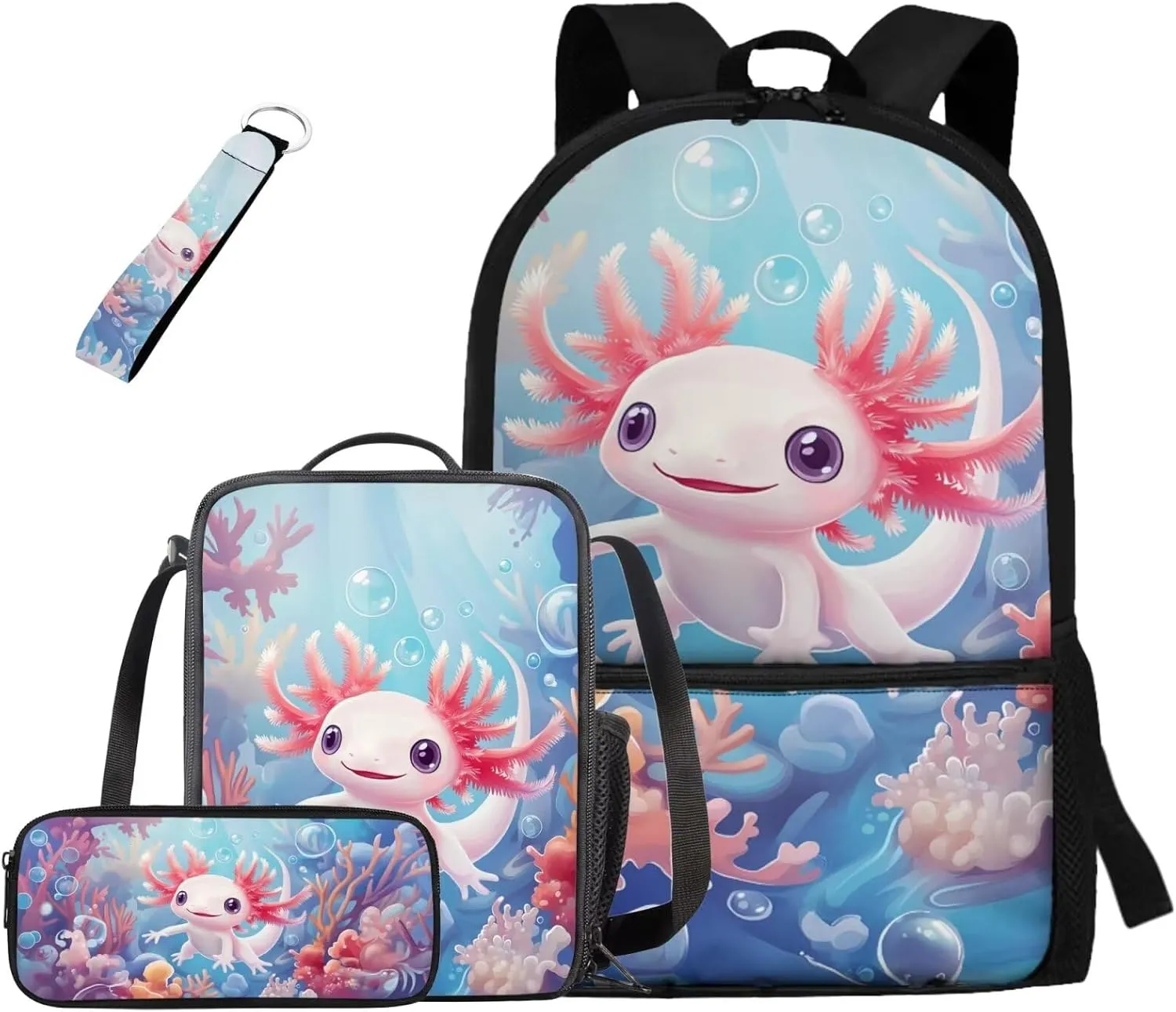 Axolotl Backpack with Lunchbox Pink Blue Cute Elementary School Bag Set Lightweight 17 Inch Bookbag and Lunch Box Set 4 PCS Travel Rucksack