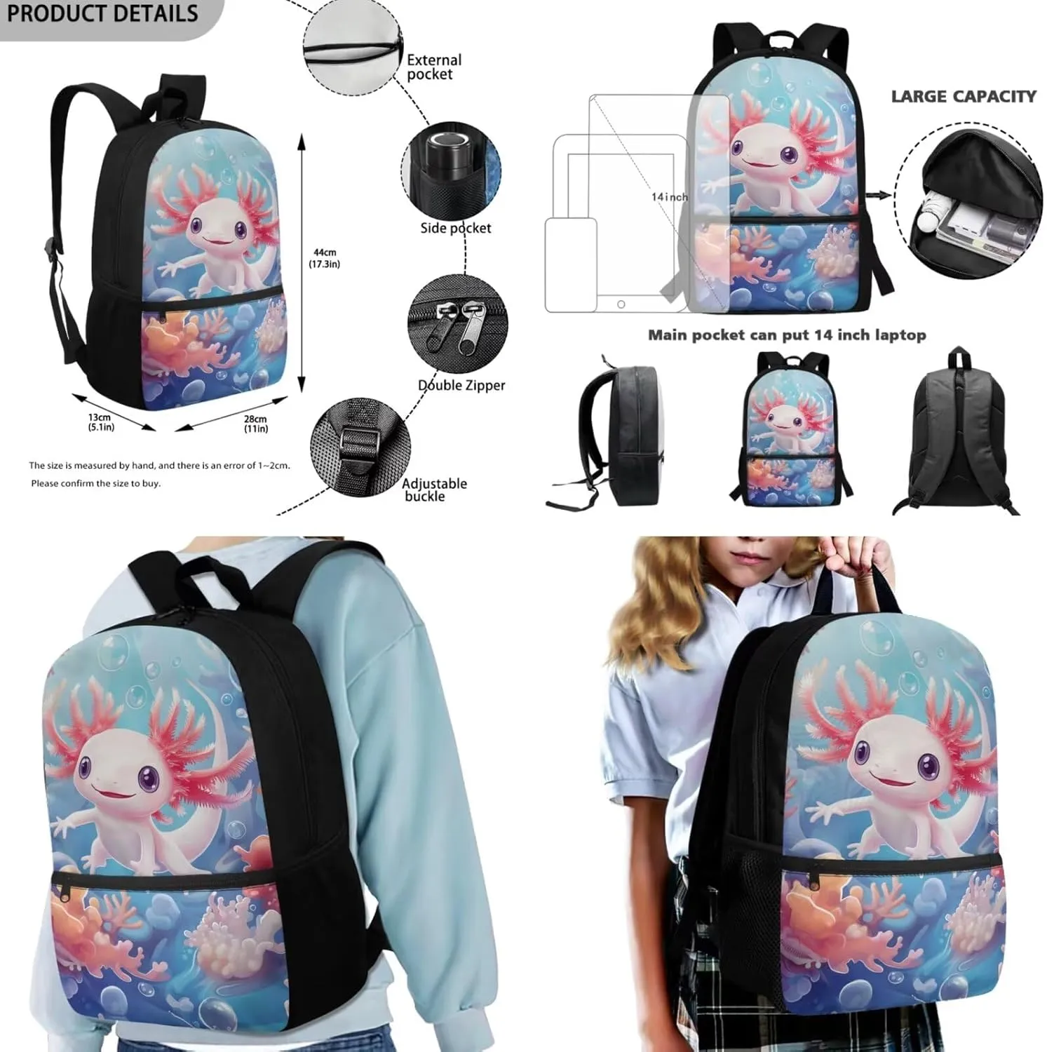 Axolotl Backpack with Lunchbox Pink Blue Cute Elementary School Bag Set Lightweight 17 Inch Bookbag and Lunch Box Set 4 PCS Travel Rucksack