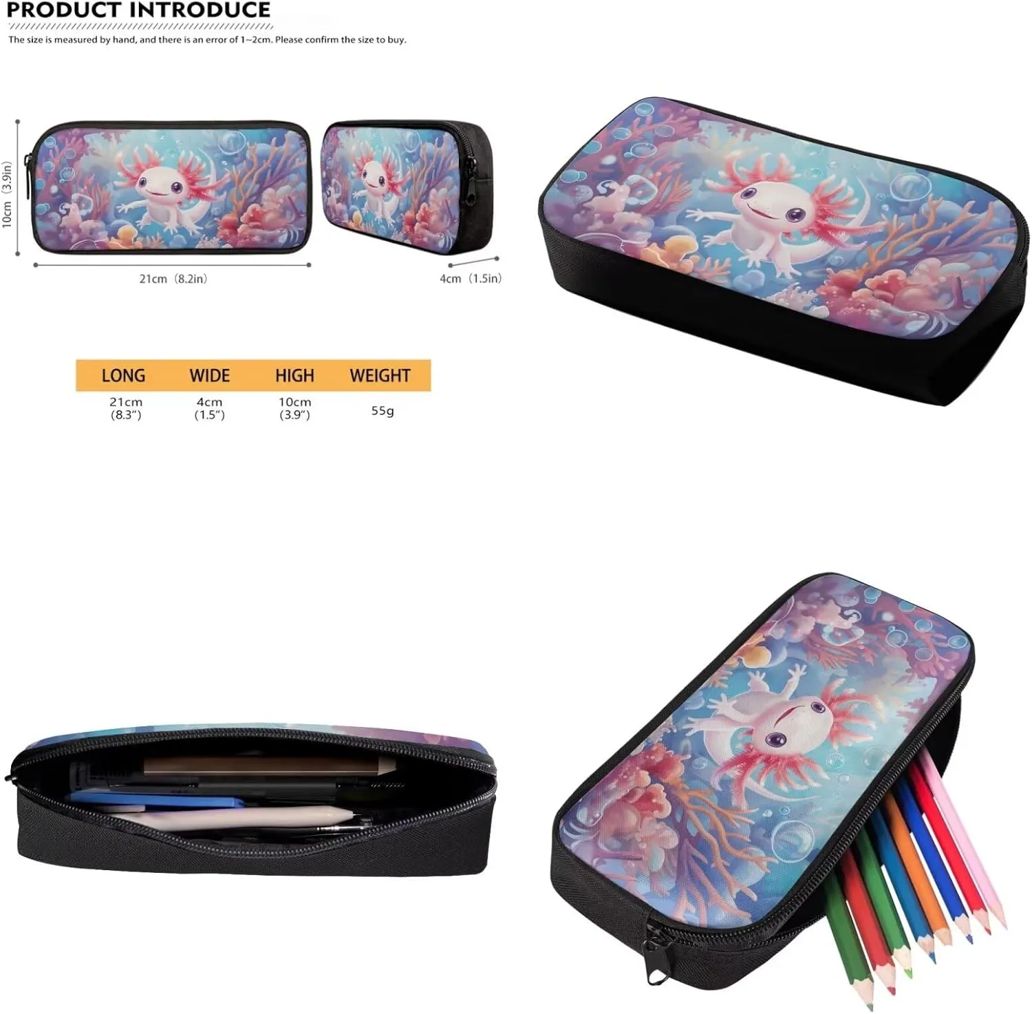 Axolotl Backpack with Lunchbox Pink Blue Cute Elementary School Bag Set Lightweight 17 Inch Bookbag and Lunch Box Set 4 PCS Travel Rucksack