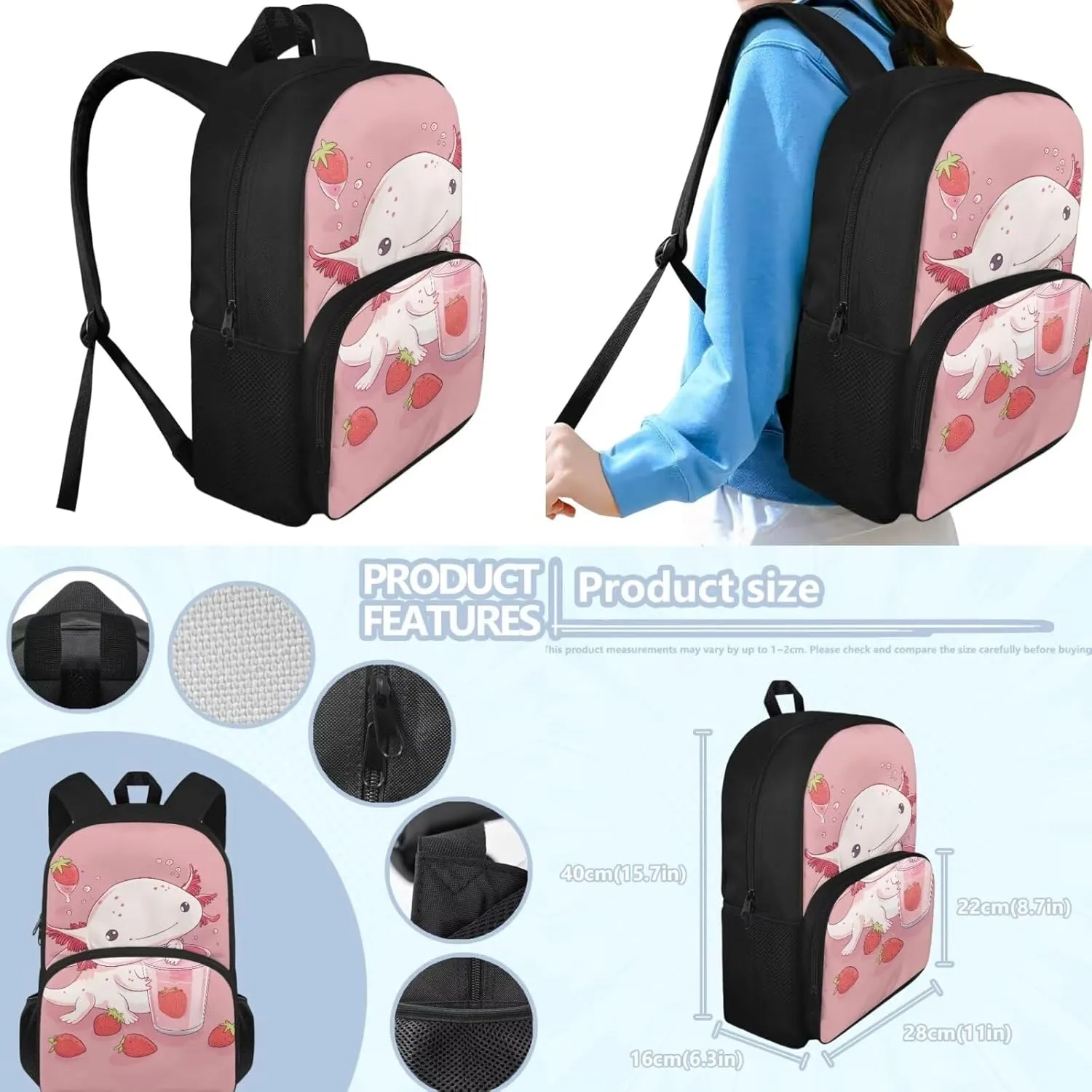 Axolotl Bookbag and Lunch Box Set for Toddler Girls with Pencil Case 8-10 Kids School Backpack Elementary School Casual Daypack Cute Large Capacity Travel Duffel Bags Rucksack