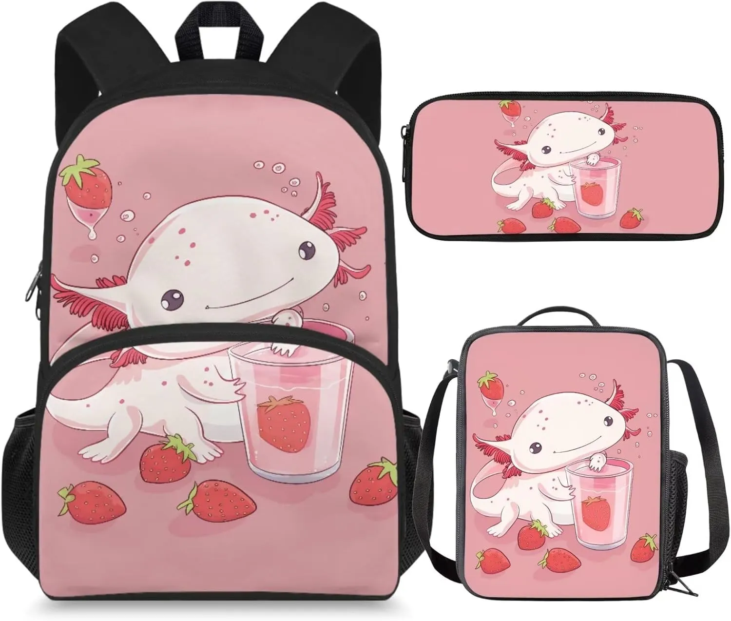 Axolotl Bookbag and Lunch Box Set for Toddler Girls with Pencil Case 8-10 Kids School Backpack Elementary School Casual Daypack Cute Large Capacity Travel Duffel Bags Rucksack