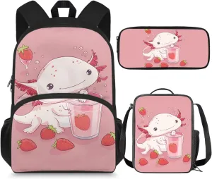 Axolotl Bookbag and Lunch Box Set for Toddler Girls with Pencil Case 8-10 Kids School Backpack Elementary School Casual Daypack Cute Large Capacity Travel Duffel Bags Rucksack