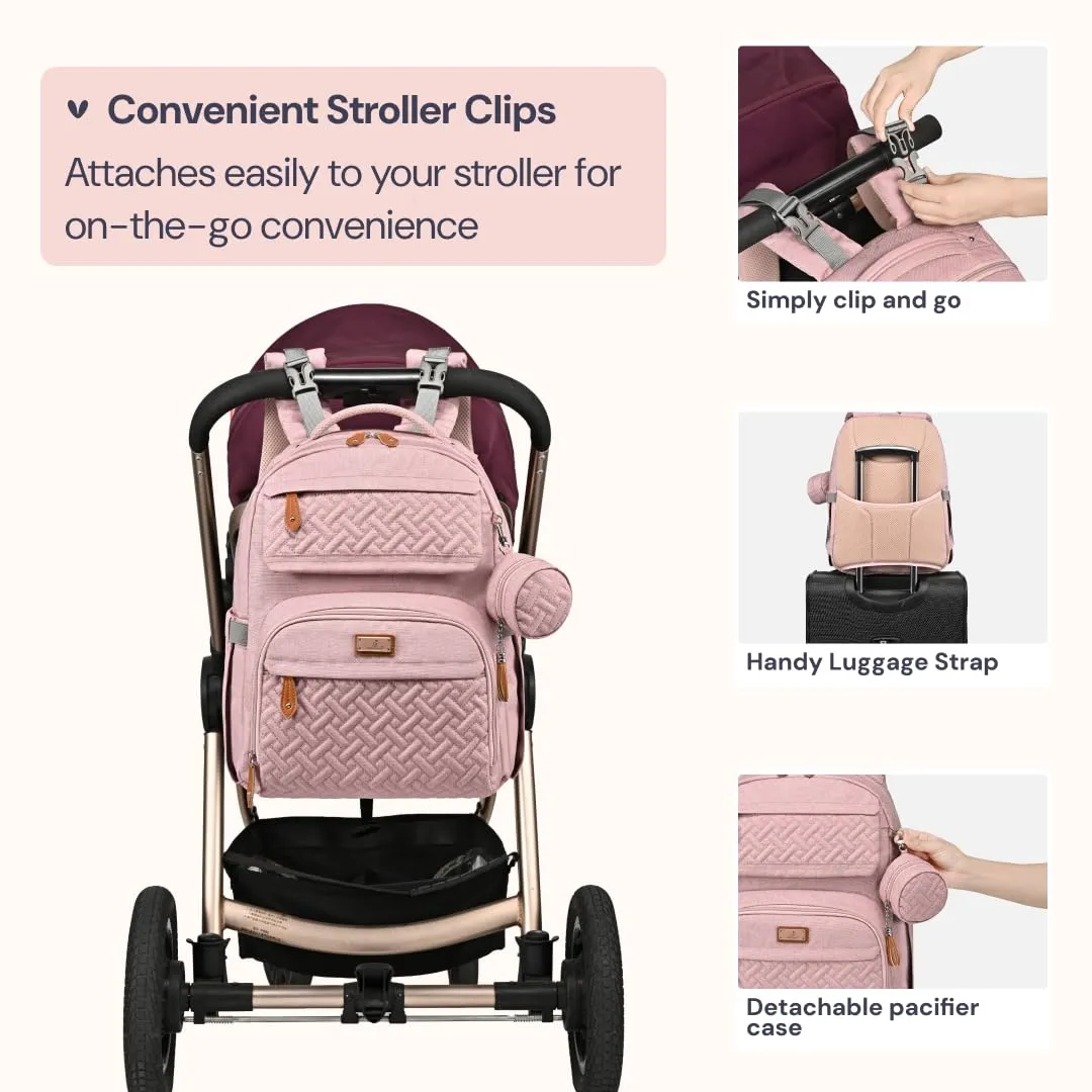 BabbleRoo Diaper Bag Backpack, Travel Backpack with Changing Pad, Pacifier Case & Stroller Straps, Multifunction, Waterproof, Unisex – Pink
