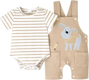 Baby Boy Clothes Infant Summer Outfits Short Sleeve Striped Romper Cute Cartoon Dog Overall Pants Set 2pcs 0-18 Months