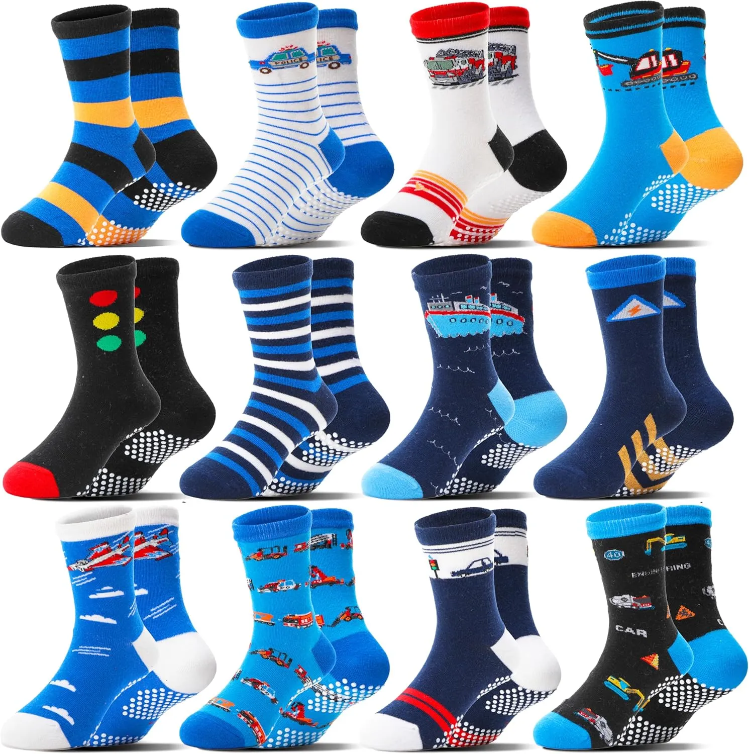 Baby Boys Grips Socks 12 Pairs Kids Toddlers Infants Anti Slip Non Skid Funny Cartoon Crew Breathable Cotton Socks