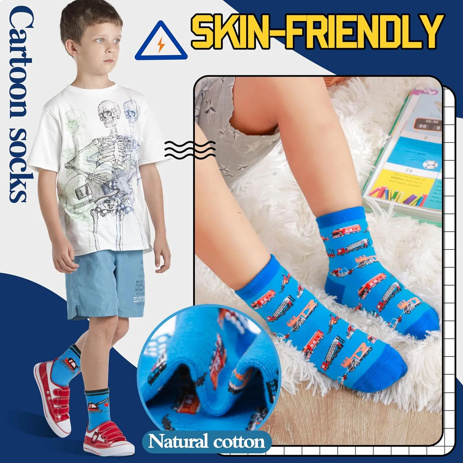 Baby Boys Grips Socks 12 Pairs Kids Toddlers Infants Anti Slip Non Skid Funny Cartoon Crew Breathable Cotton Socks