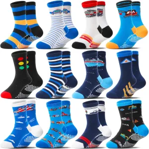 Baby Boys Grips Socks 12 Pairs Kids Toddlers Infants Anti Slip Non Skid Funny Cartoon Crew Breathable Cotton Socks