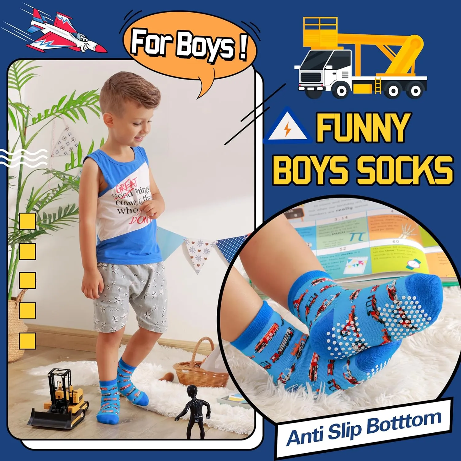Baby Boys Grips Socks 12 Pairs Kids Toddlers Infants Anti Slip Non Skid Funny Cartoon Crew Breathable Cotton Socks