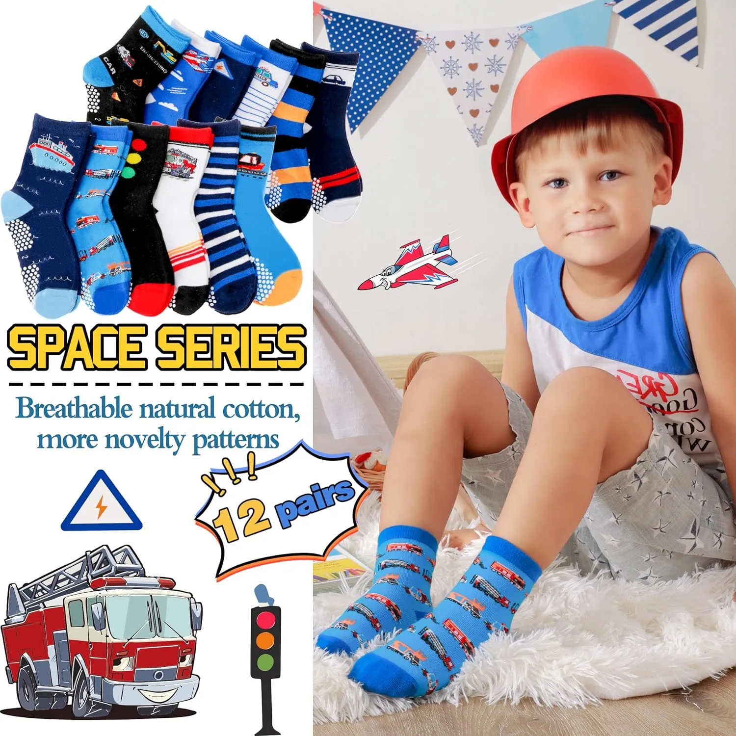 Baby Boys Grips Socks 12 Pairs Kids Toddlers Infants Anti Slip Non Skid Funny Cartoon Crew Breathable Cotton Socks