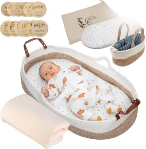 Baby Changing Basket Set with Diaper Caddy Organizer, Multi Handle Handmade Boho Cotton Rope Basket with Portable Bag, Waterproof Pad, Milestone Markers, Blanket -Table Topper Changing Pad for Newborn